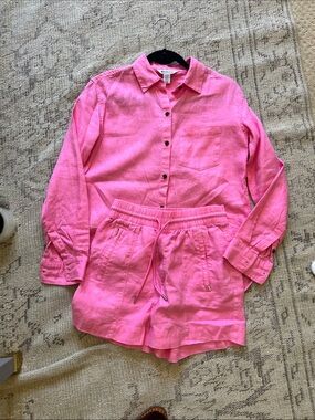 Athleta Hot Pink Button-Down Linen Shirt and Drawstring Shorts Set🩷